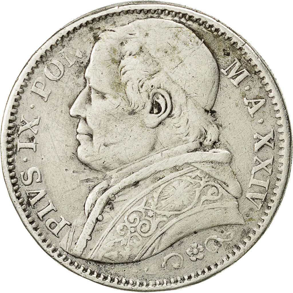 ITALIAN STATES, PAPAL STATES, Pius IX, 2 Lire, 1869, VF(30-35), Silver