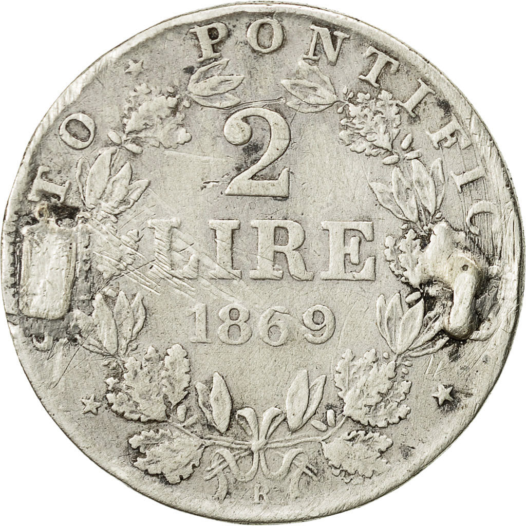ITALIAN STATES, PAPAL STATES, Pius IX, 2 Lire, 1869, VF(30-35), Silver