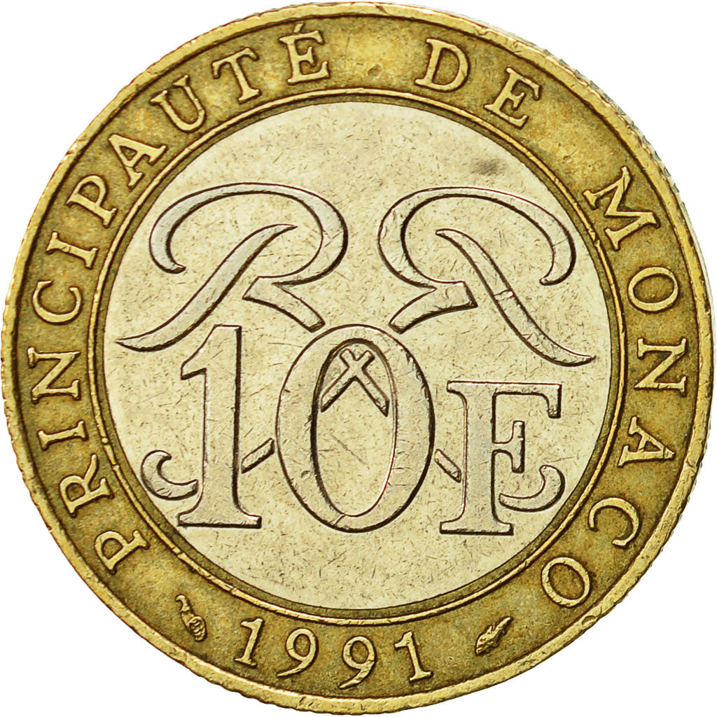Coin, Monaco, Rainier III, 10 Francs, 1991, EF(40-45), Bi-Metallic, KM:163