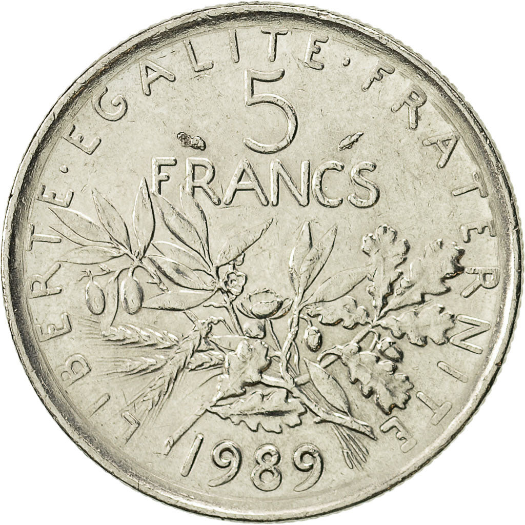 Francia, Semeuse, 5 Francs, 1989, Paris, MBC+, Níquel recubierto de cobre -
