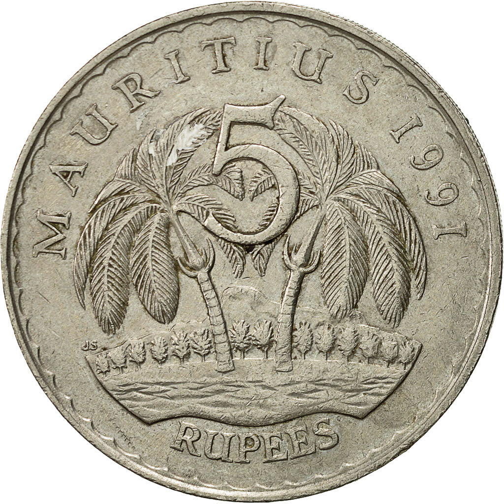 Coin, Mauritius, 5 Rupees, 1991, EF(40-45), Copper-nickel, KM:56