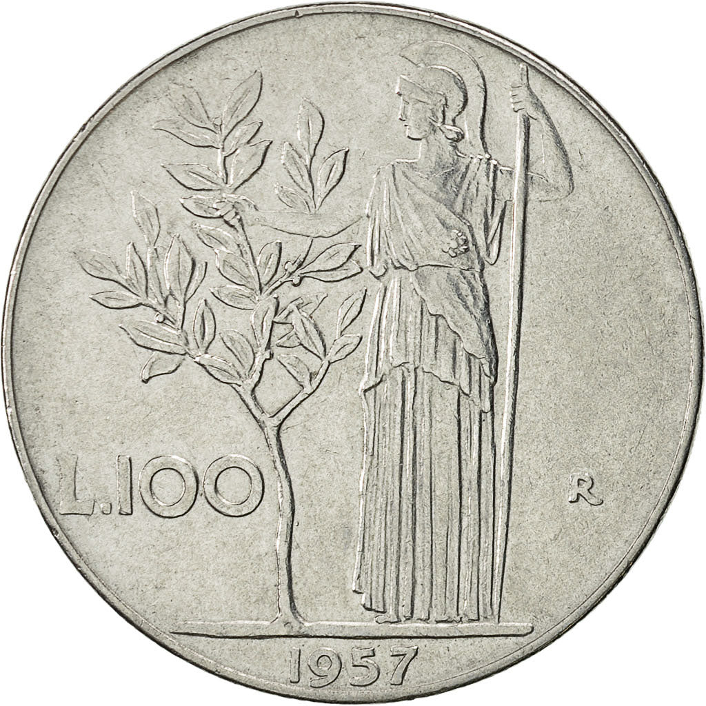 Coin, Italy, 100 Lire, 1957, Rome, AU(50-53), Stainless Steel, KM:96.1