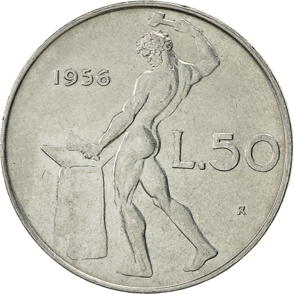 Coin, Italy, 50 Lire, 1956, Rome, AU(55-58), Stainless Steel, KM:95.1
