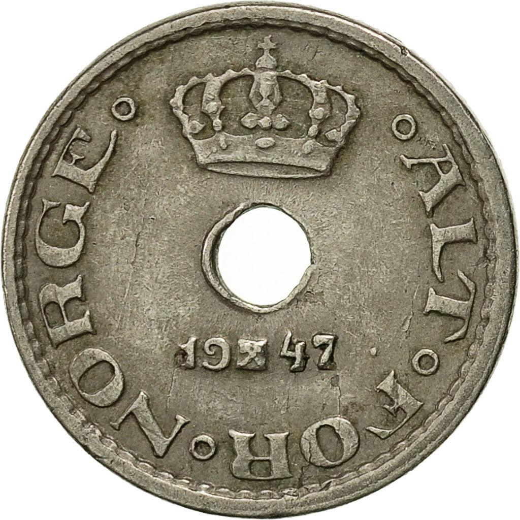 Coin, Norway, Haakon VII, 10 Öre, 1947, EF(40-45), Copper-nickel, KM:383