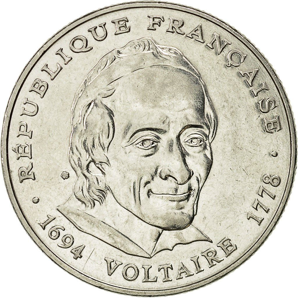Moneda, Francia, Voltaire, 5 Francs, 1994, Paris, MBC+, Níquel, KM:1063