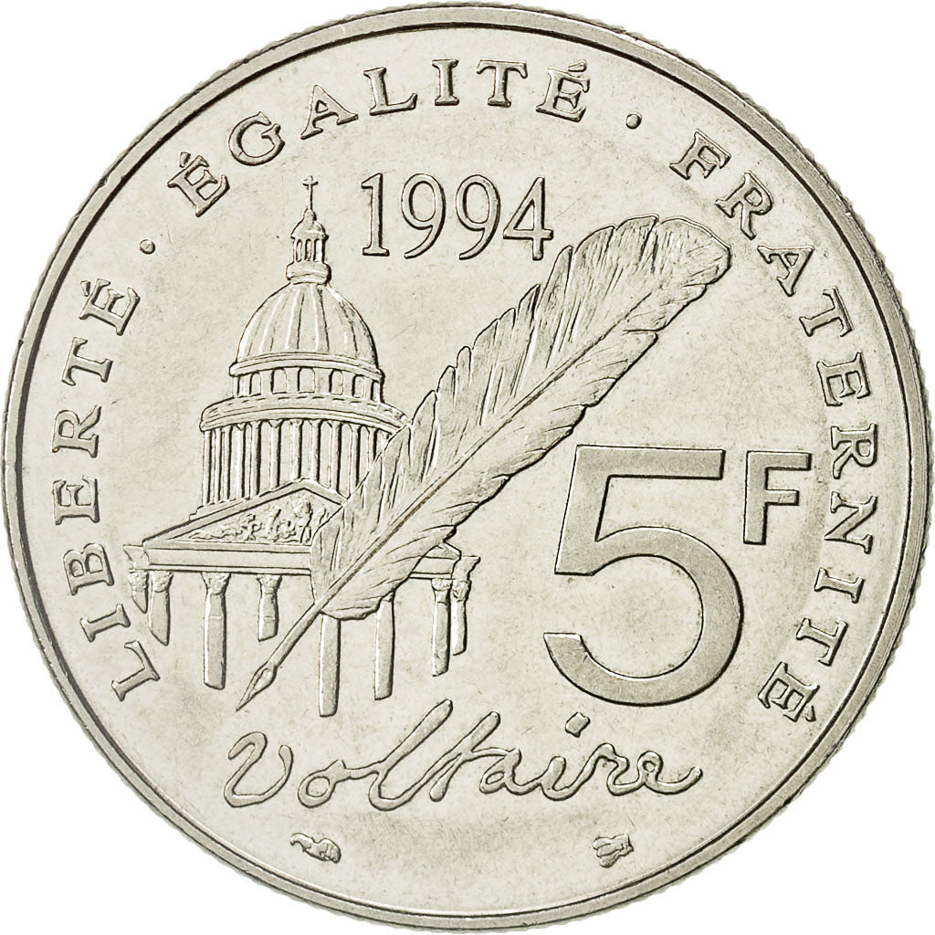 Moneda, Francia, Voltaire, 5 Francs, 1994, Paris, MBC+, Níquel, KM:1063