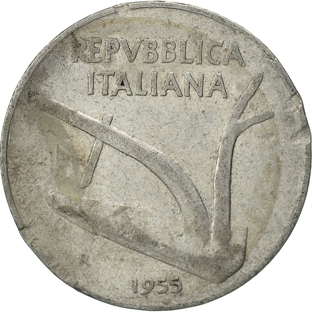 Coin, Italy, 10 Lire, 1955, Rome, VF(30-35), Aluminum, KM:93