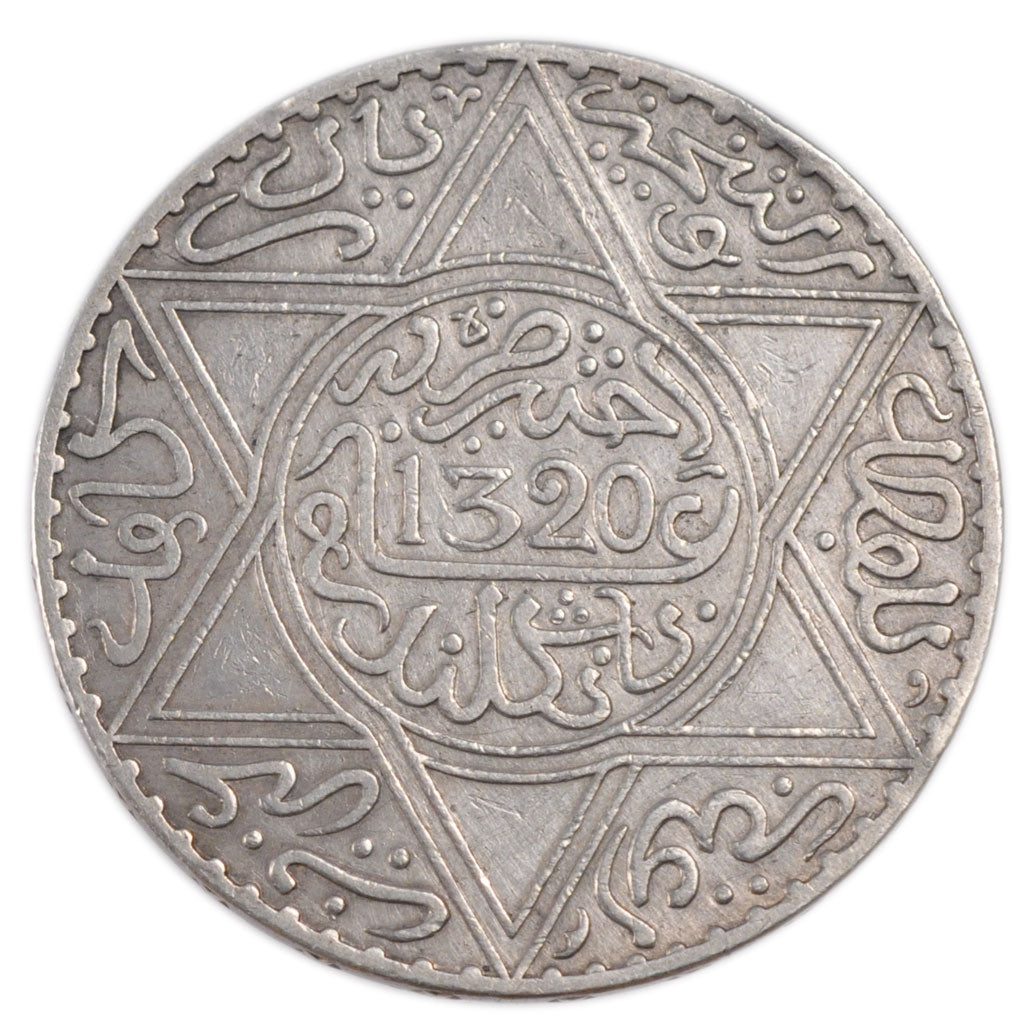 Marocco, 10 Dirhams, 1902, London, BB+, Argento