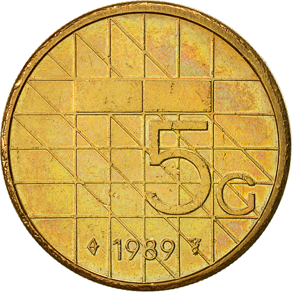 Coin, Netherlands, Beatrix, 5 Gulden, 1989, EF(40-45), Bronze Clad Nickel