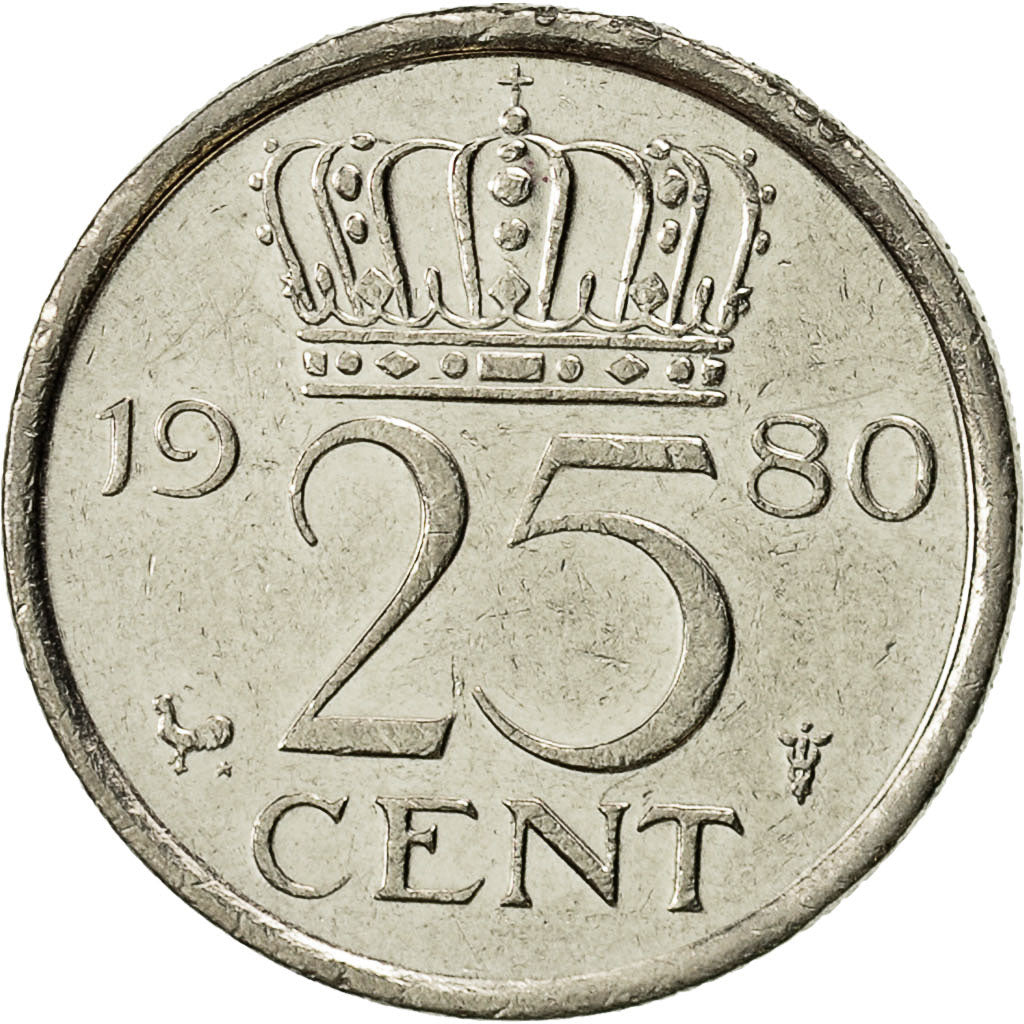Coin, Netherlands, Juliana, 25 Cents, 1980, EF(40-45), Nickel, KM:183