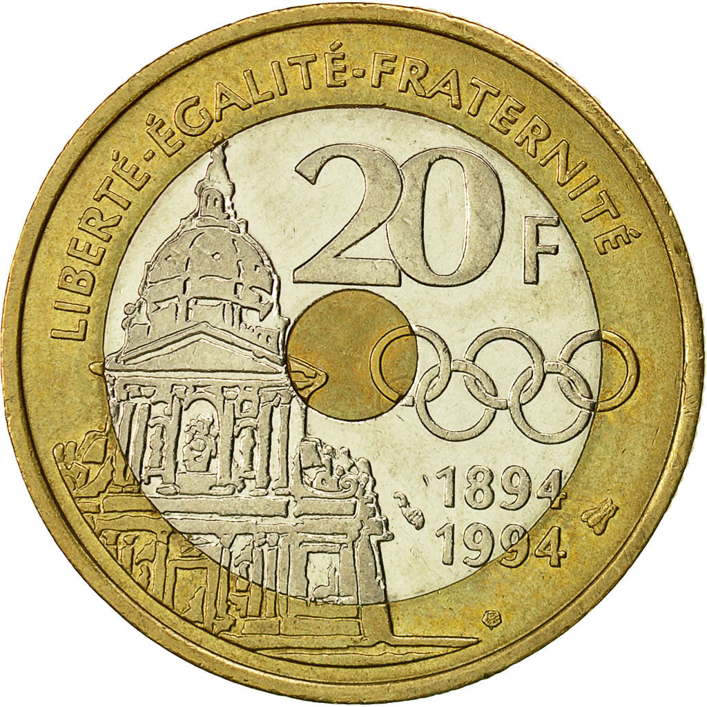 Coin, France, Pierre de Coubertin, 20 Francs, 1994, Paris, EF(40-45)