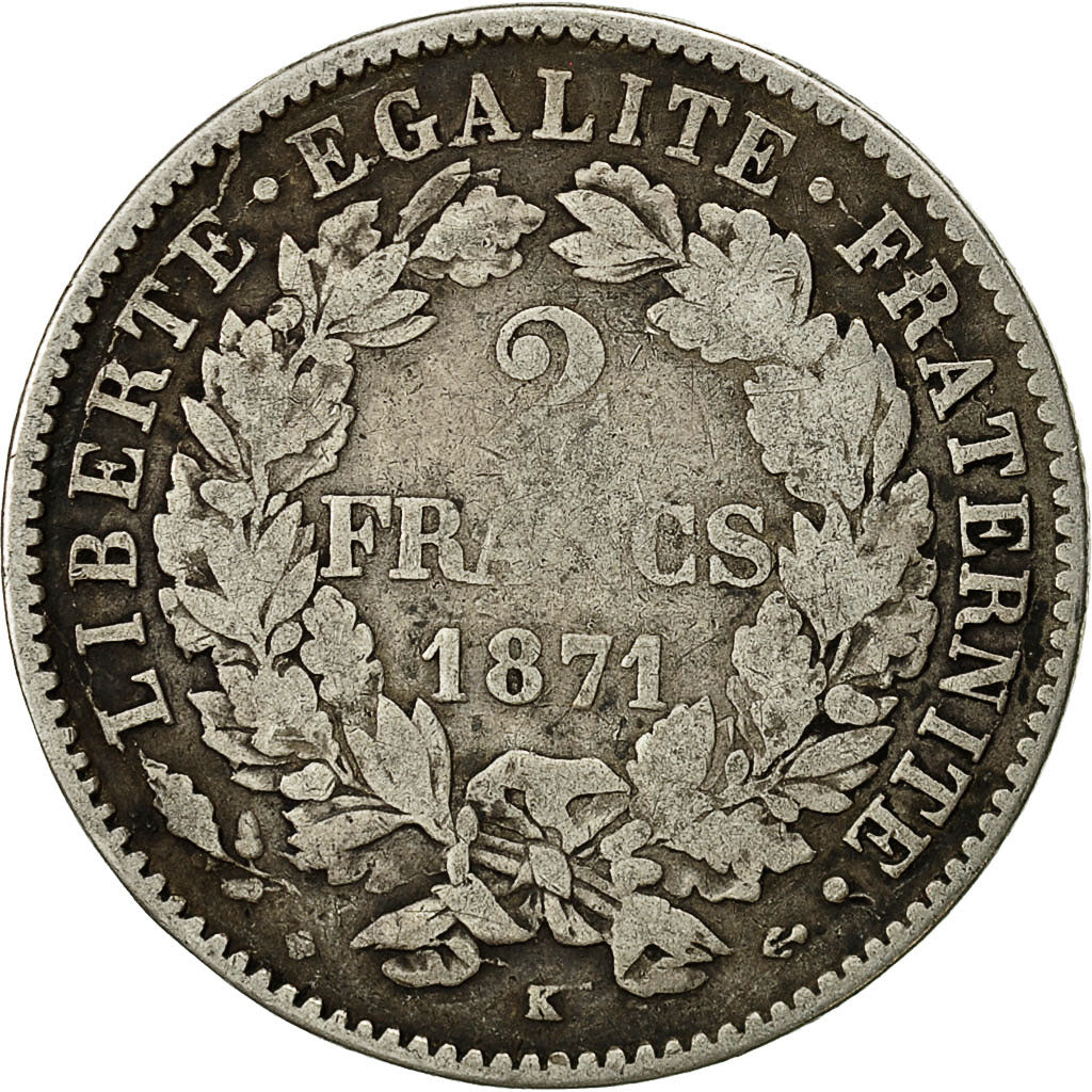 Coin, France, Cérès, 2 Francs, 1871, Bordeaux, VF(30-35), Silver, KM:817.2