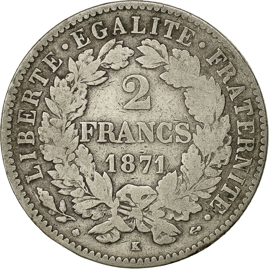 Coin, France, Cérès, 2 Francs, 1871, Bordeaux, VF(30-35), Silver, KM:817.2