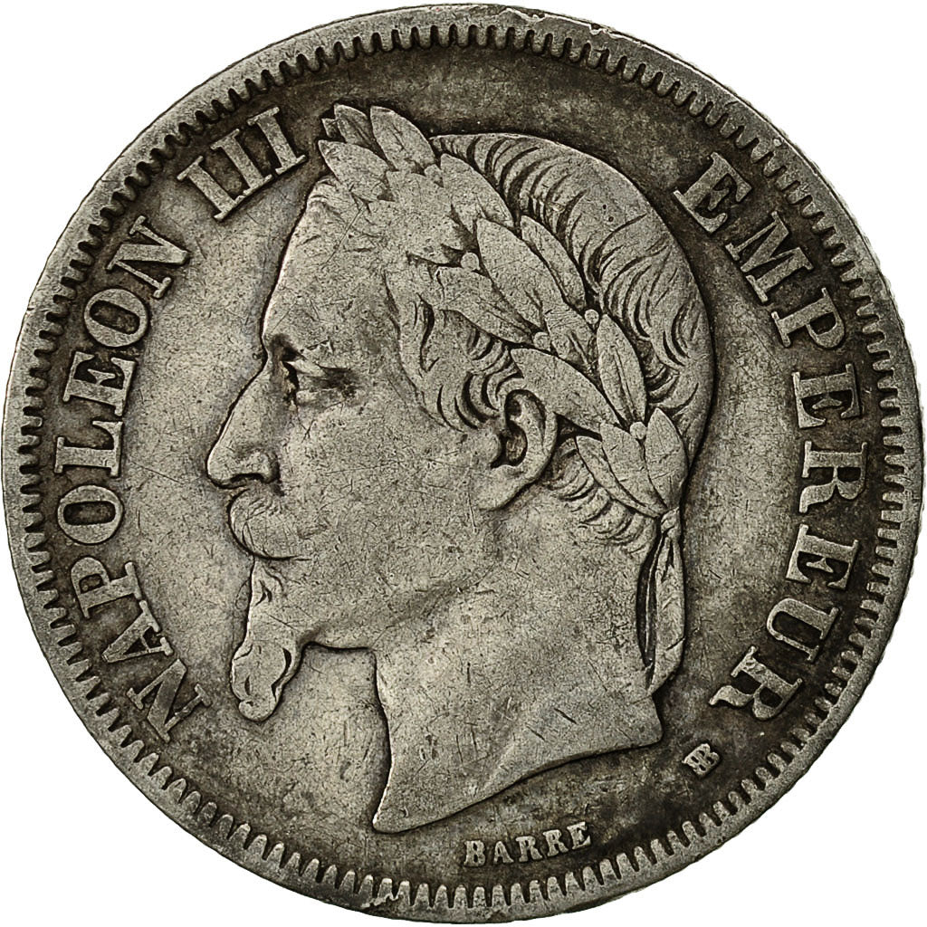 Moneda, Francia, Napoleon III, Napoléon III, 2 Francs, 1867, Strasbourg, BC+