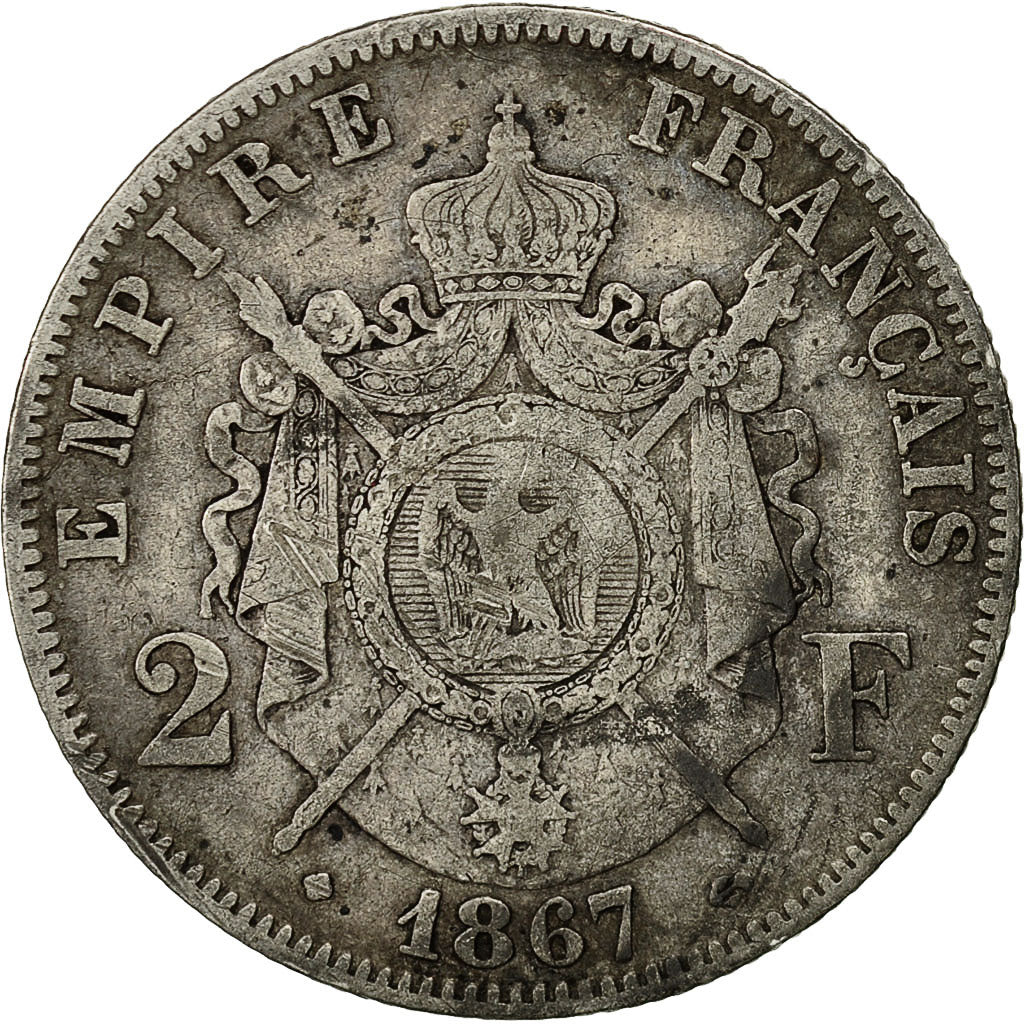 Moneda, Francia, Napoleon III, Napoléon III, 2 Francs, 1867, Strasbourg, BC+