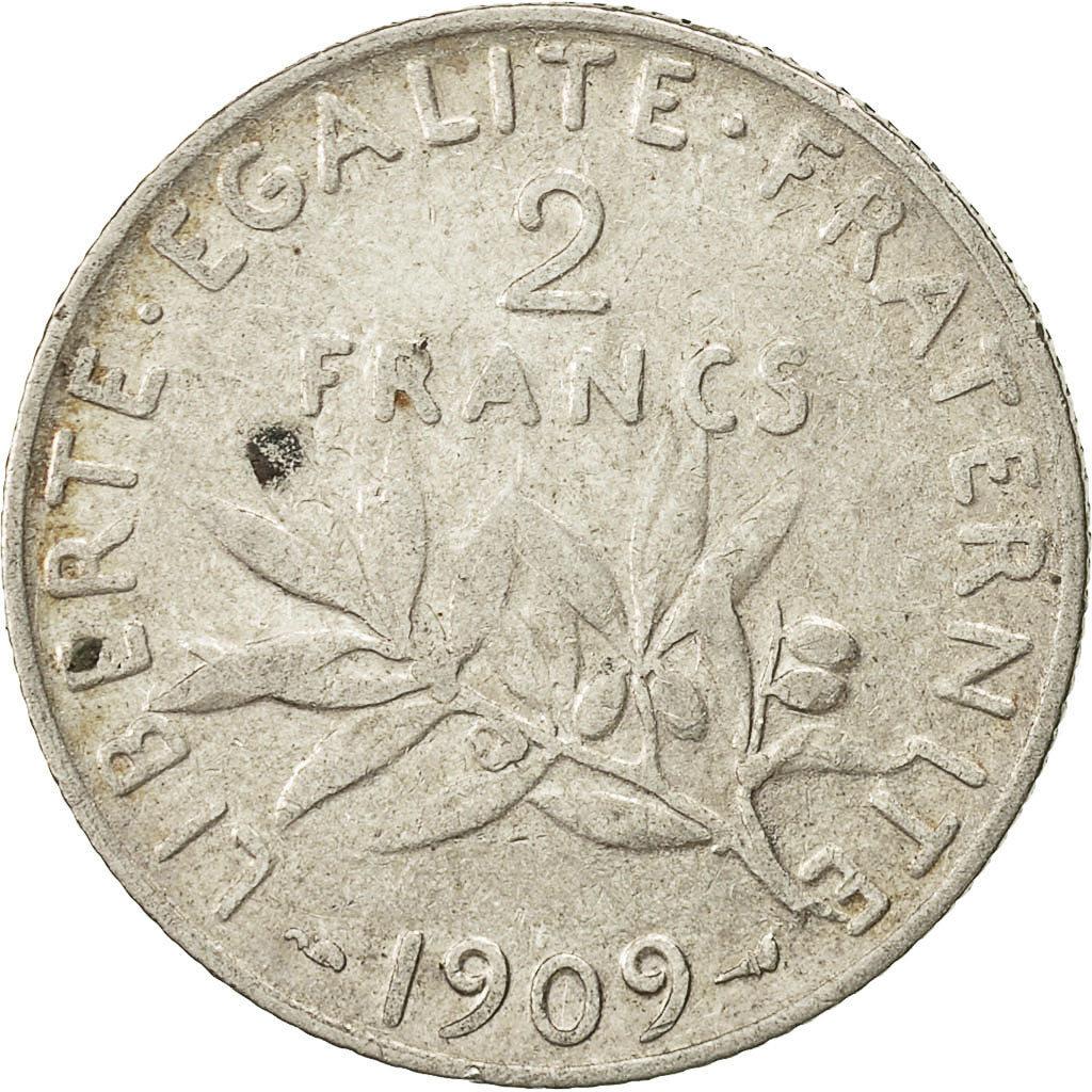 Moneta, Francia, Semeuse, 2 Francs, 1909, Paris, MB, Argento, KM:845.1
