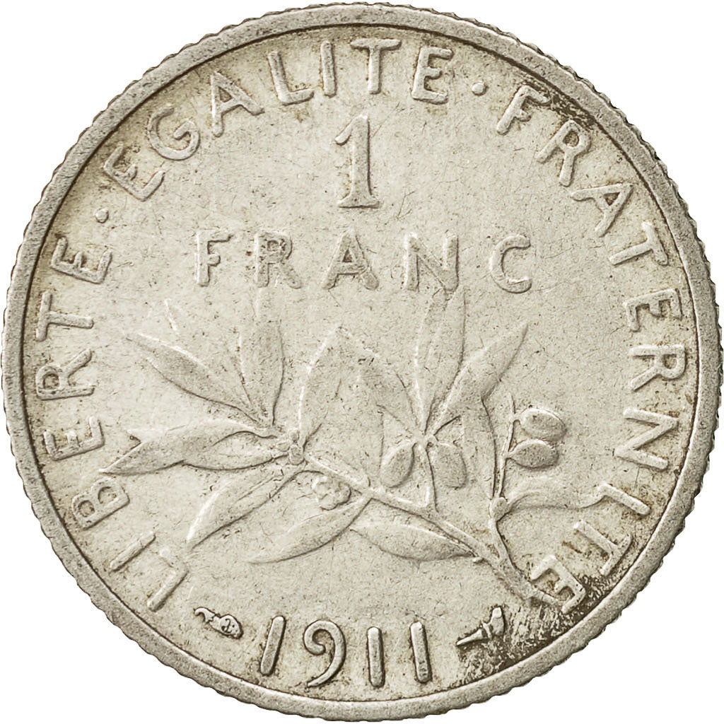 Moneta, Francia, Semeuse, Franc, 1911, Paris, MB+, Argento, KM:844.1
