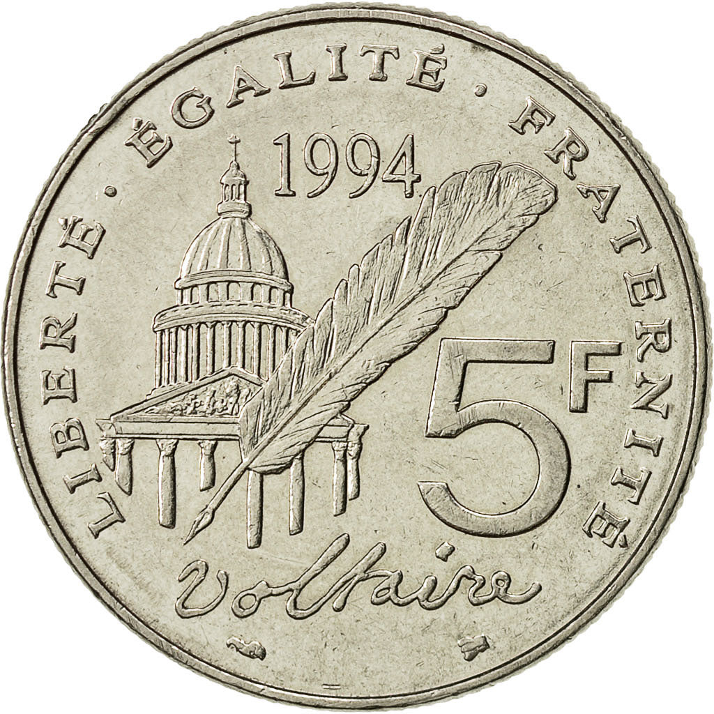 Moneta, Francia, Voltaire, 5 Francs, 1994, Paris, BB, Nichel, KM:1063