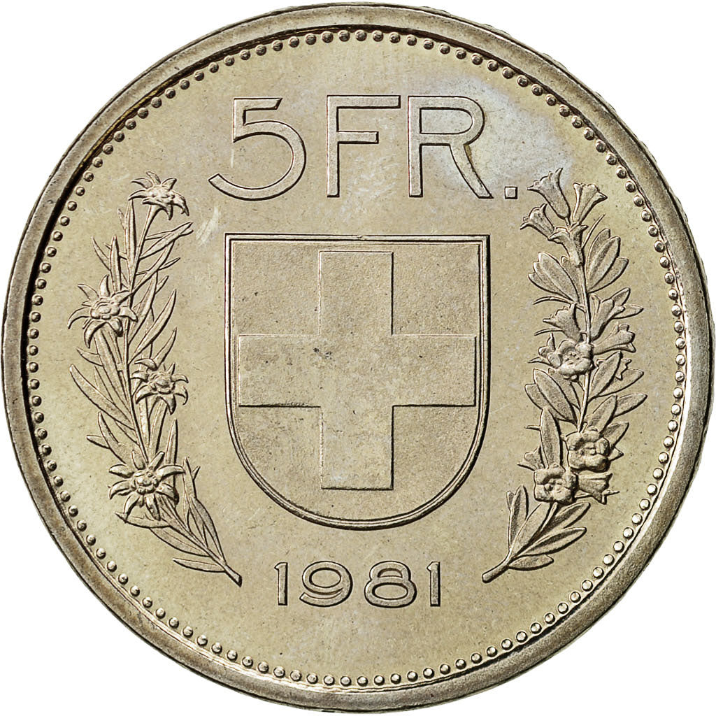 Coin, Switzerland, 5 Francs, 1981, Bern, MS(64), Copper-nickel, KM:40a.1
