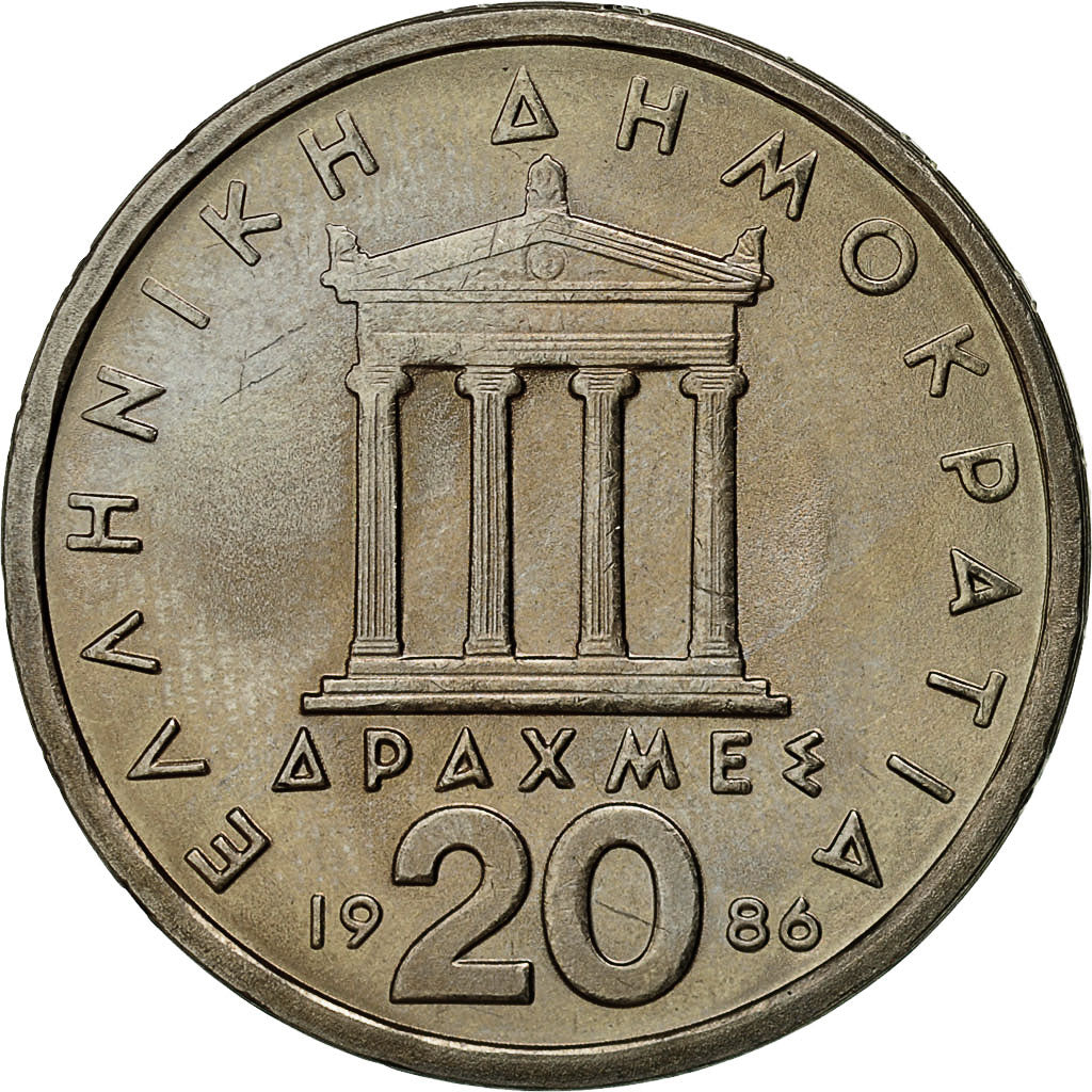 Coin, Greece, 20 Drachmes, 1986, MS(63), Copper-nickel, KM:133