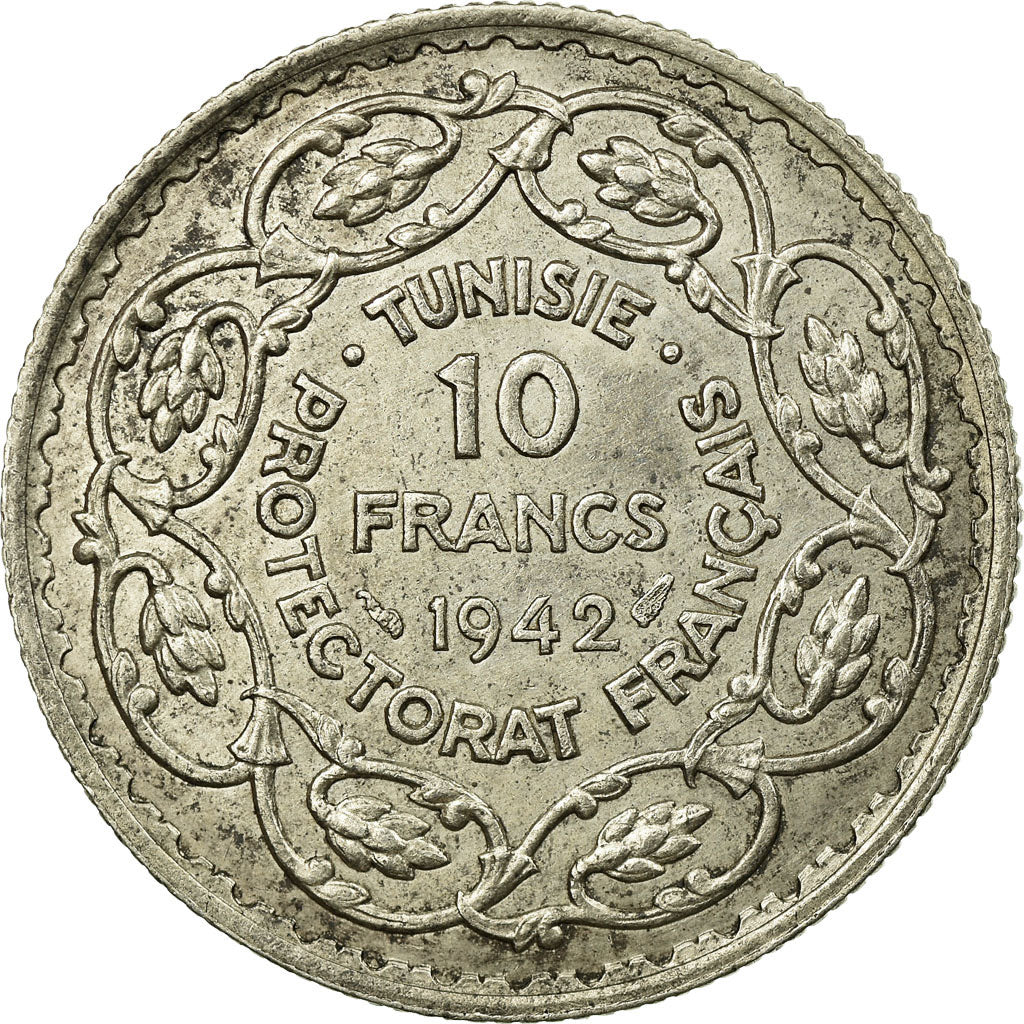 Coin, Tunisia, Ahmad Pasha Bey, 10 Francs, 1942, Paris, AU(55-58), Silver
