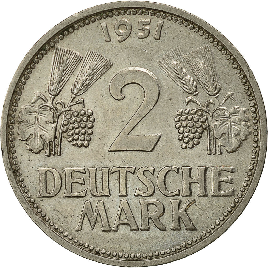Munten, Federale Duitse Republiek, 2 Mark, 1951, Karlsruhe, ZF+, Copper-nickel