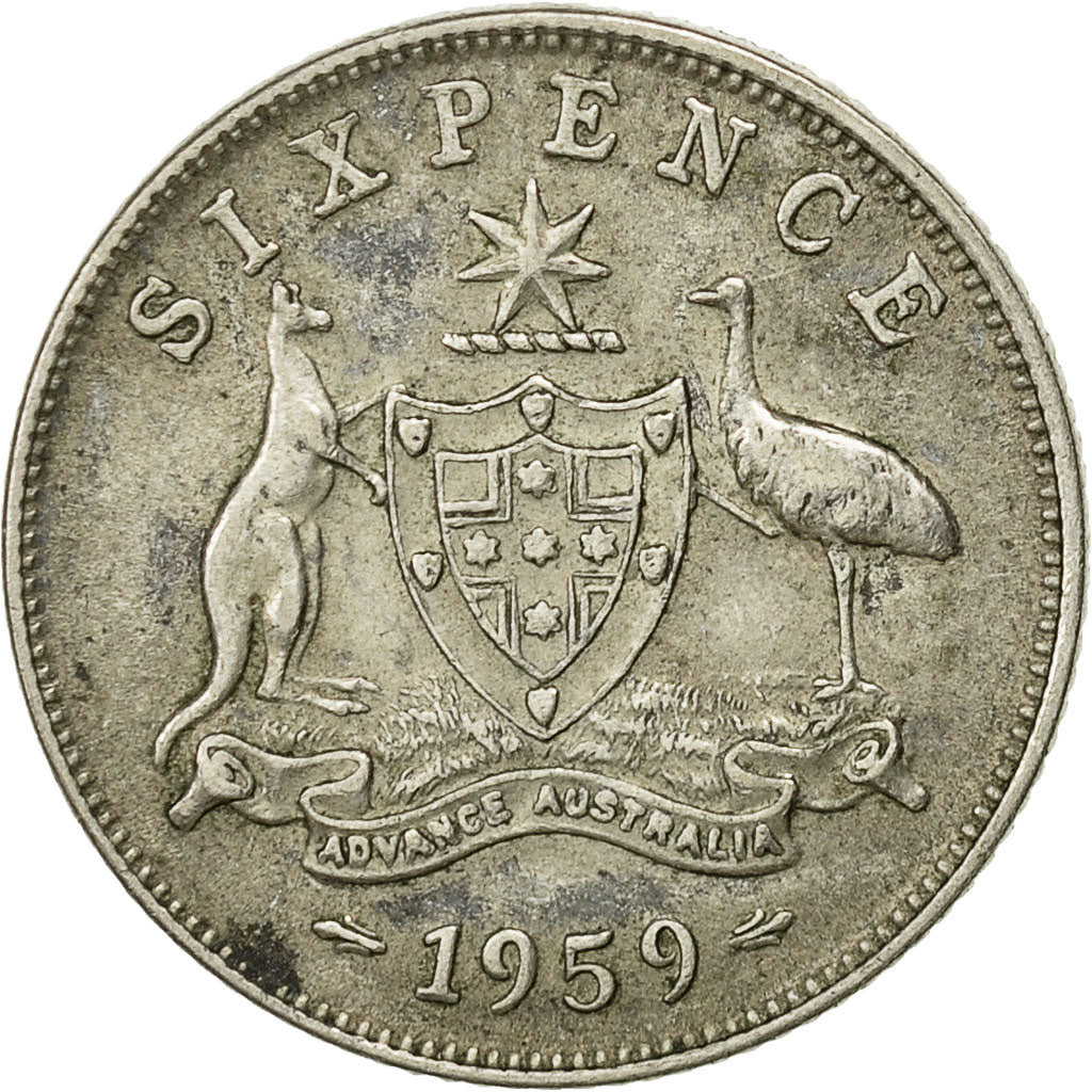 Moneda, Australia, Elizabeth II, Sixpence, 1959, Melbourne, MBC, Plata, KM:58