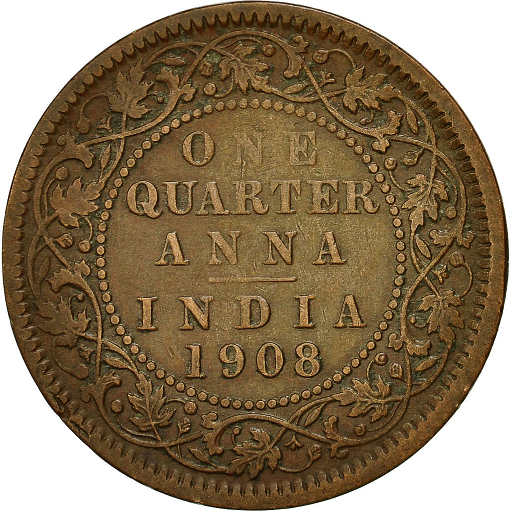 Coin, INDIA-BRITISH, Edward VII, 1/4 Anna, 1908, Calcutta, EF(40-45), Bronze