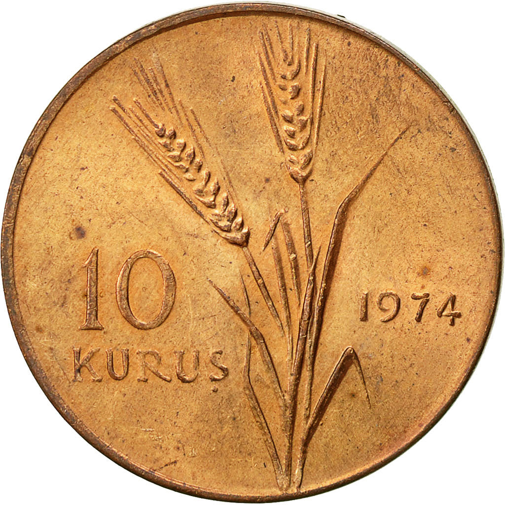 Coin, Turkey, 10 Kurus, 1974, EF(40-45), Bronze, KM:891.3