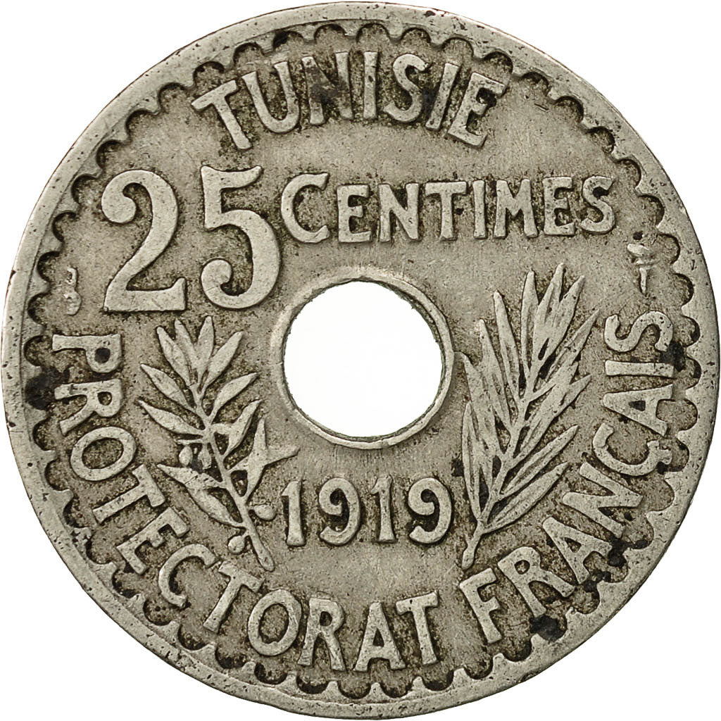 Coin, Tunisia, Muhammad al-Nasir Bey, 25 Centimes, 1919, Paris, EF(40-45)