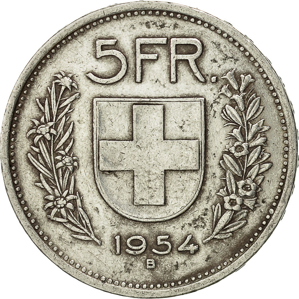 Coin, Switzerland, 5 Francs, 1954, Bern, EF(40-45), Silver, KM:40