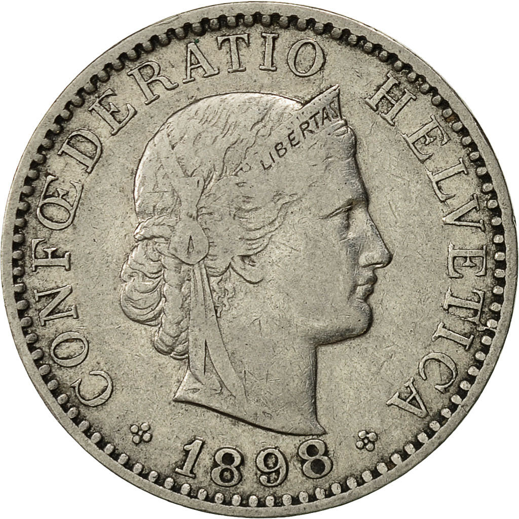 Coin, Switzerland, 20 Rappen, 1898, Bern, EF(40-45), Nickel, KM:29