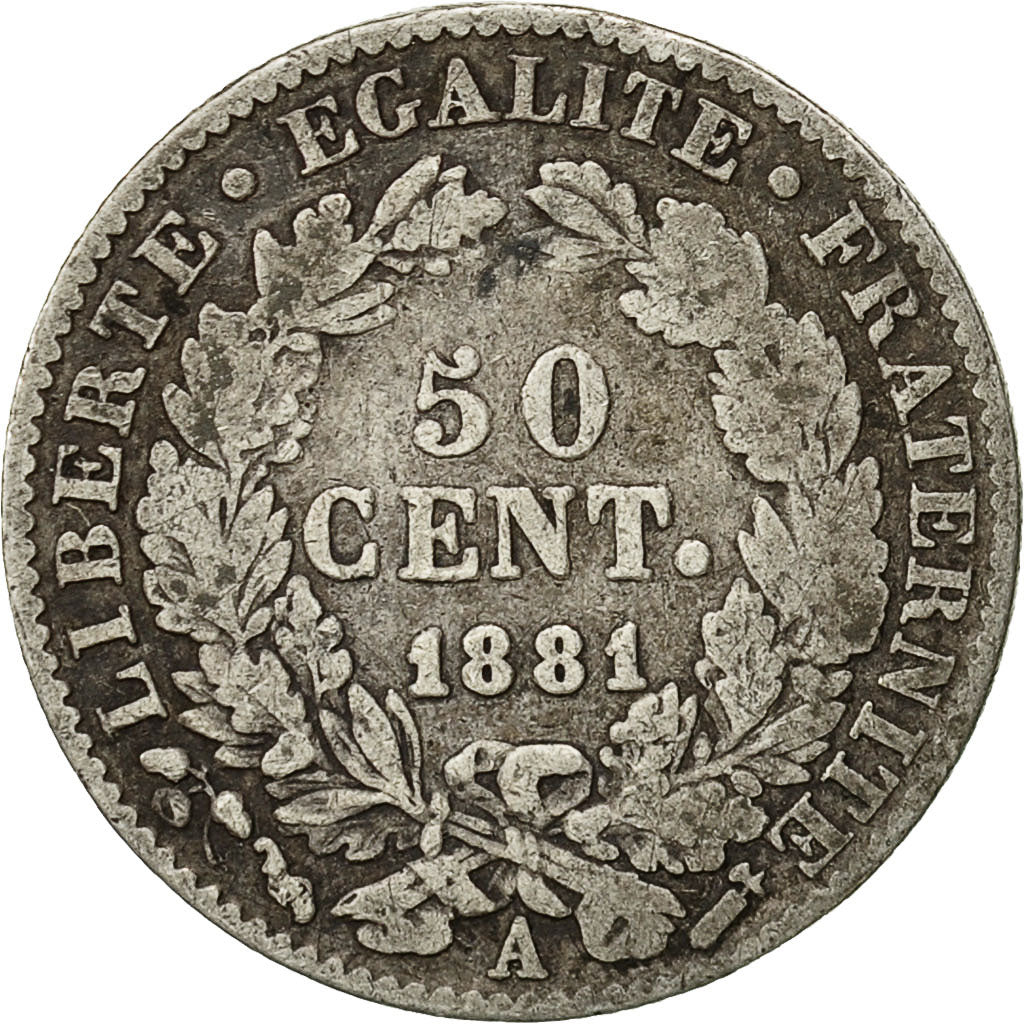 Coin, France, Cérès, 50 Centimes, 1881, Paris, VF(30-35), Silver, KM:834.1