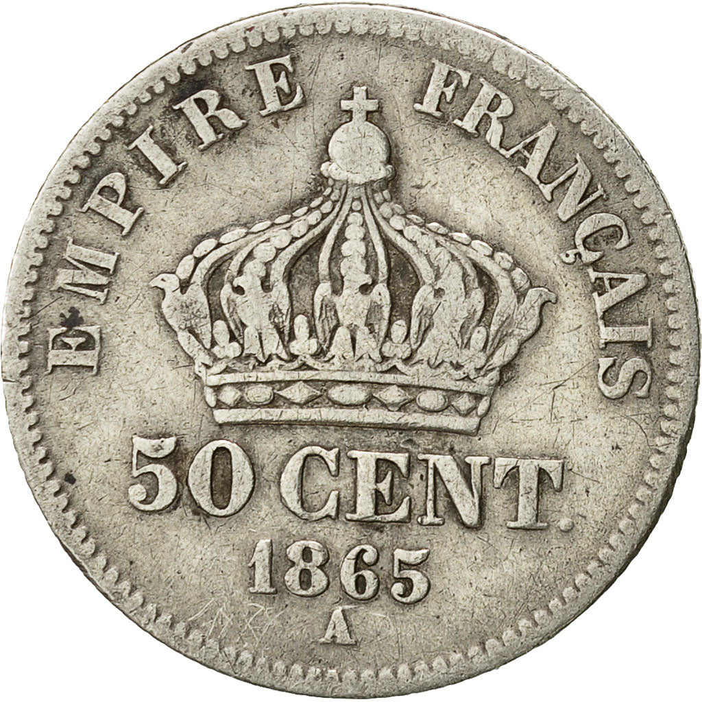 Moneda, Francia, Napoleon III, Napoléon III, 50 Centimes, 1865, Paris, BC+