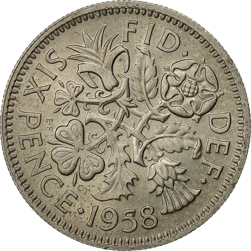 Moneta, Wielka Brytania, Elizabeth II, 6 Pence, 1958, AU(50-53), Miedź-Nikiel