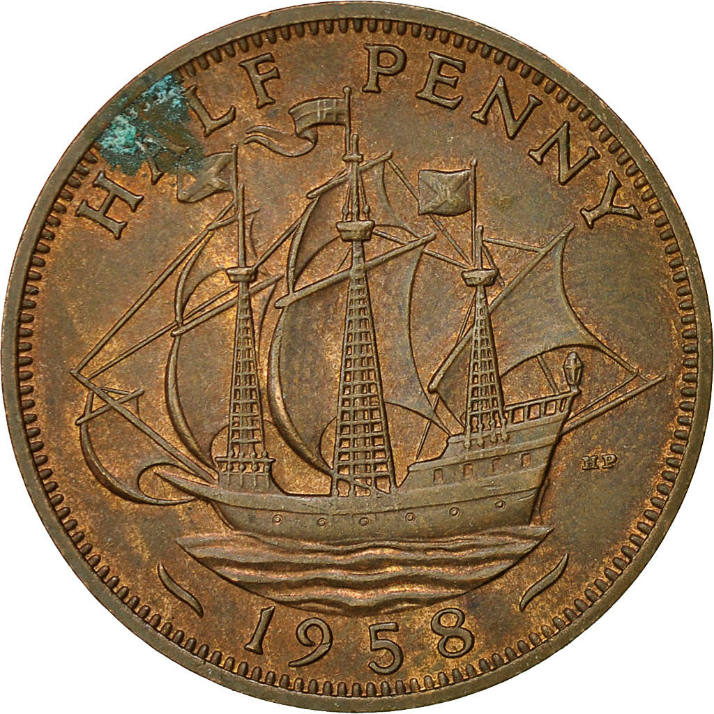 Coin, Great Britain, Elizabeth II, 1/2 Penny, 1958, VF(30-35), Bronze, KM:896
