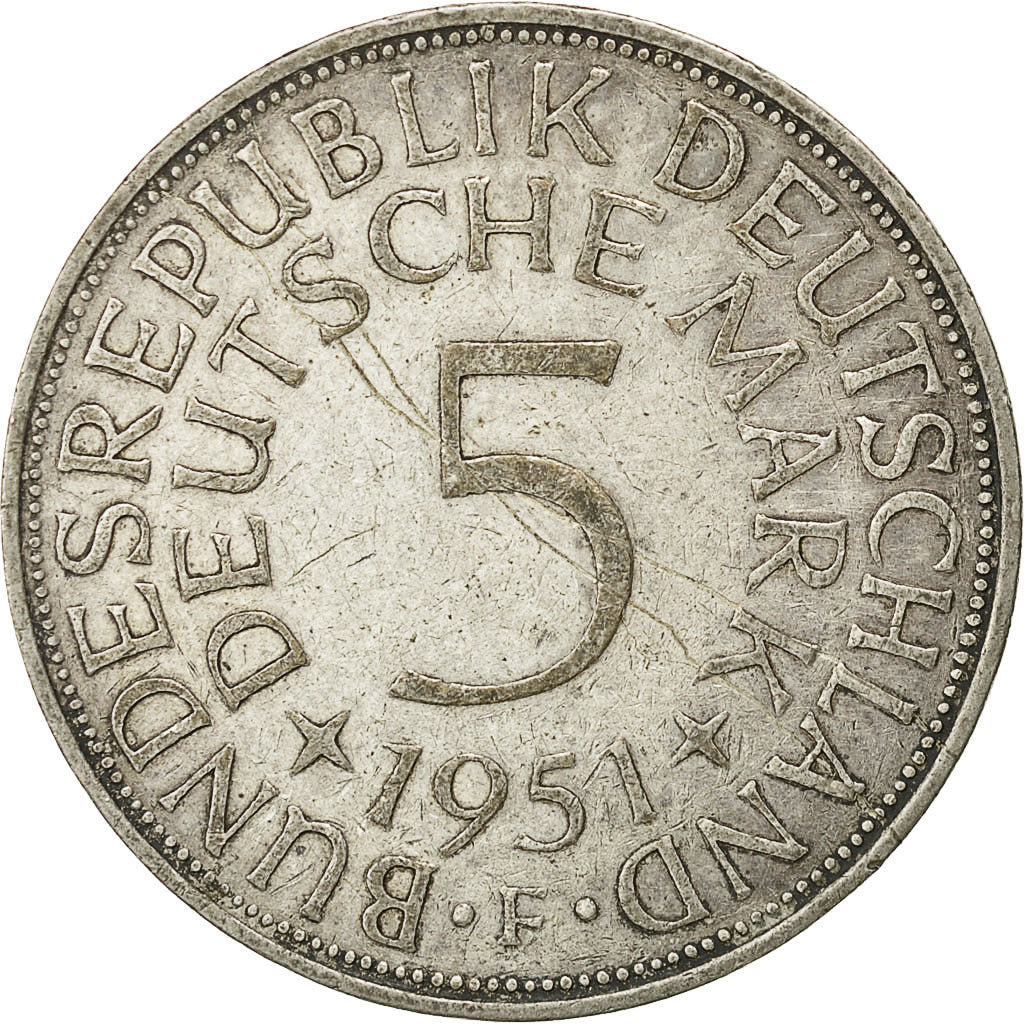GERMANY - FEDERAL REPUBLIC, 5 Mark, 1951, Stuttgart, VF(30-35), Silver, KM:112.1