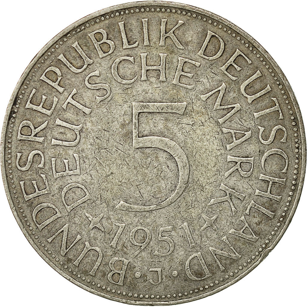 Coin, GERMANY - FEDERAL REPUBLIC, 5 Mark, 1951, Stuttgart, EF(40-45), Silver