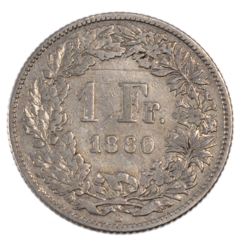 Switzerland, 1 Franc, 1860, Bern, KM #179a, EF(40-45), Silver, 5.00