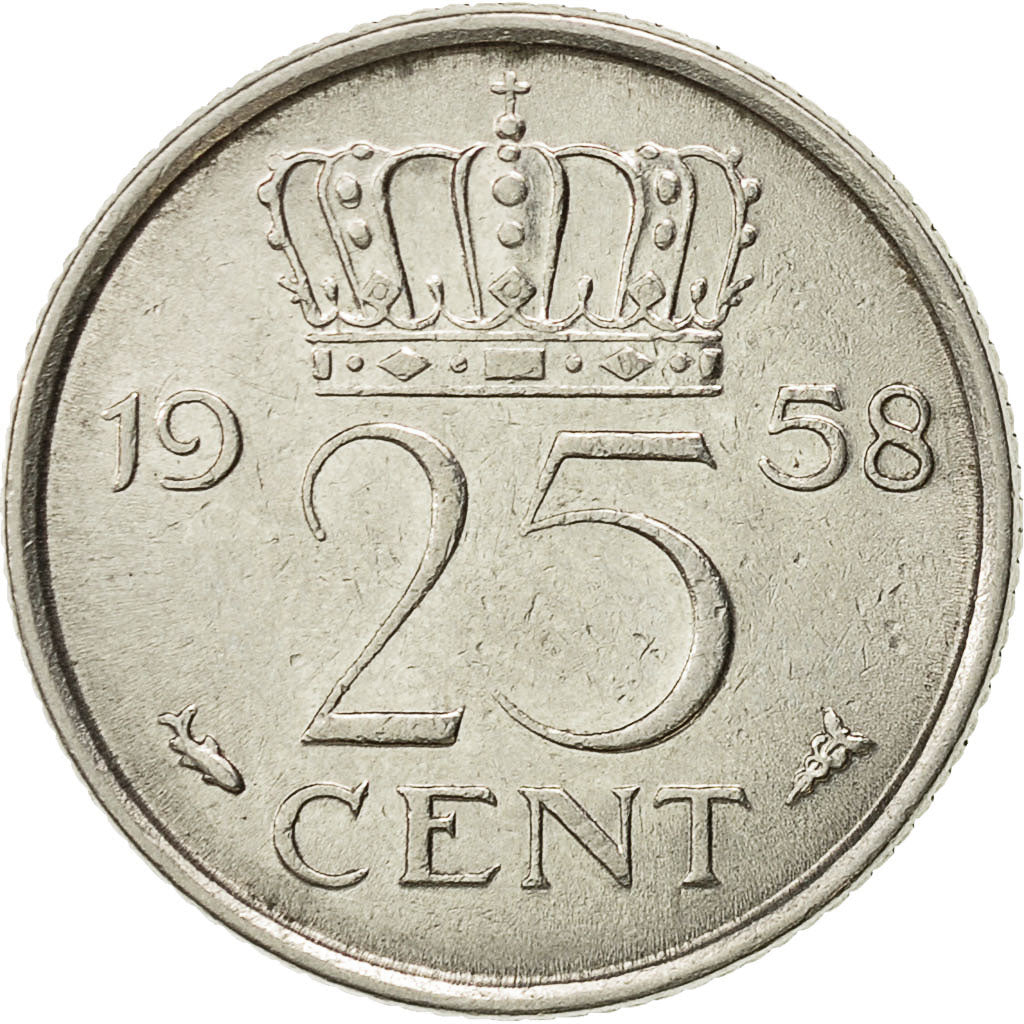 Coin, Netherlands, Juliana, 25 Cents, 1958, VF(30-35), Nickel, KM:183