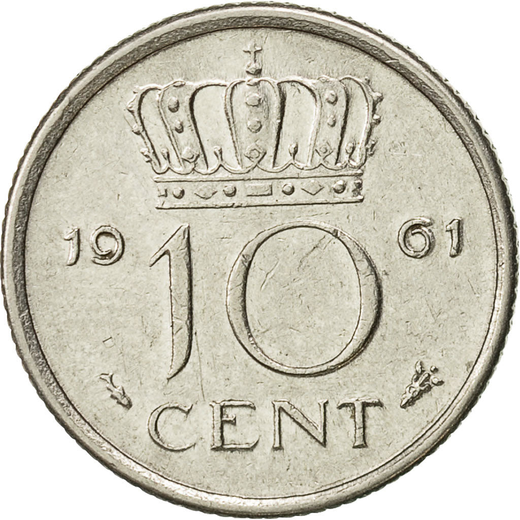 Coin, Netherlands, Juliana, 10 Cents, 1961, AU(50-53), Nickel, KM:182