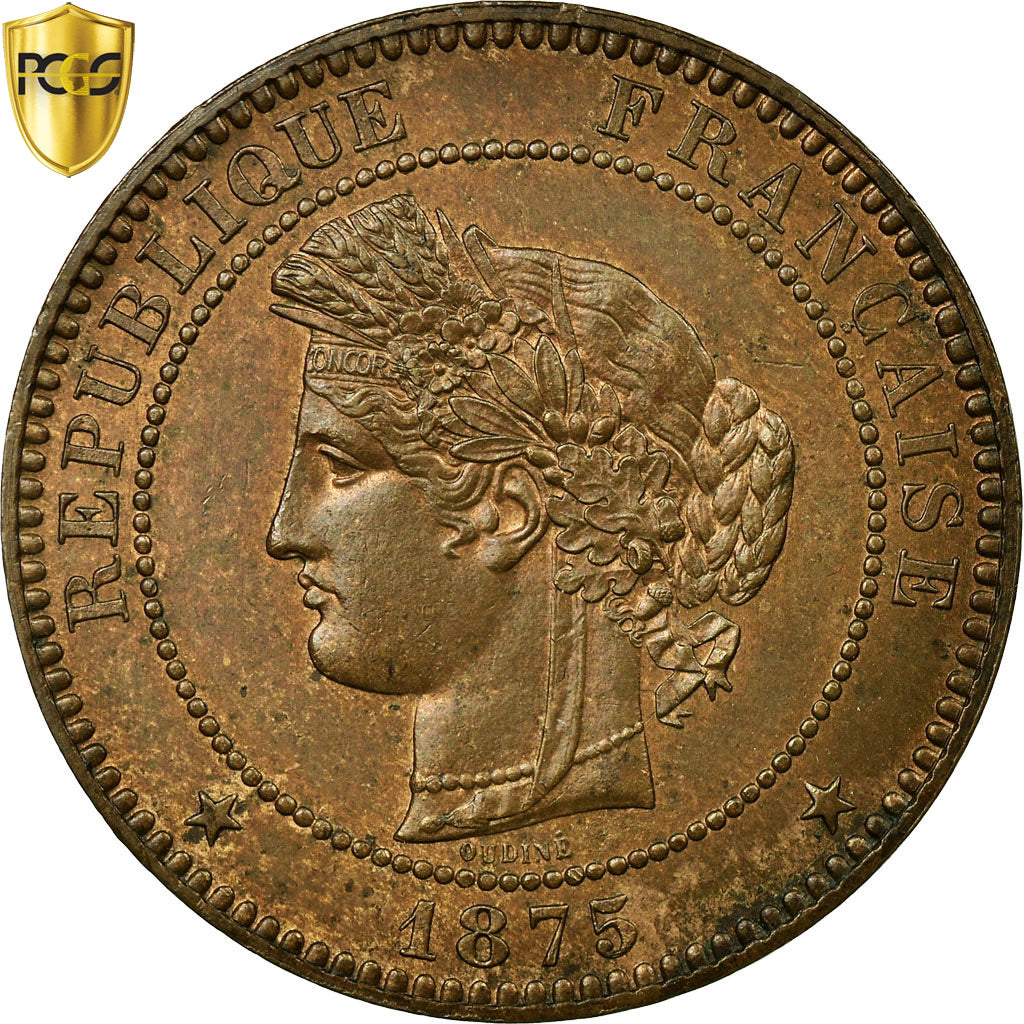 Coin, France, Cérès, 10 Centimes, 1875, Paris, PCGS, MS63BN, Bronze, KM:815.1