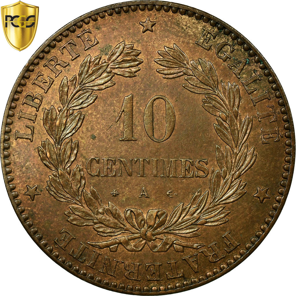 Coin, France, Cérès, 10 Centimes, 1875, Paris, PCGS, MS63BN, Bronze, KM:815.1