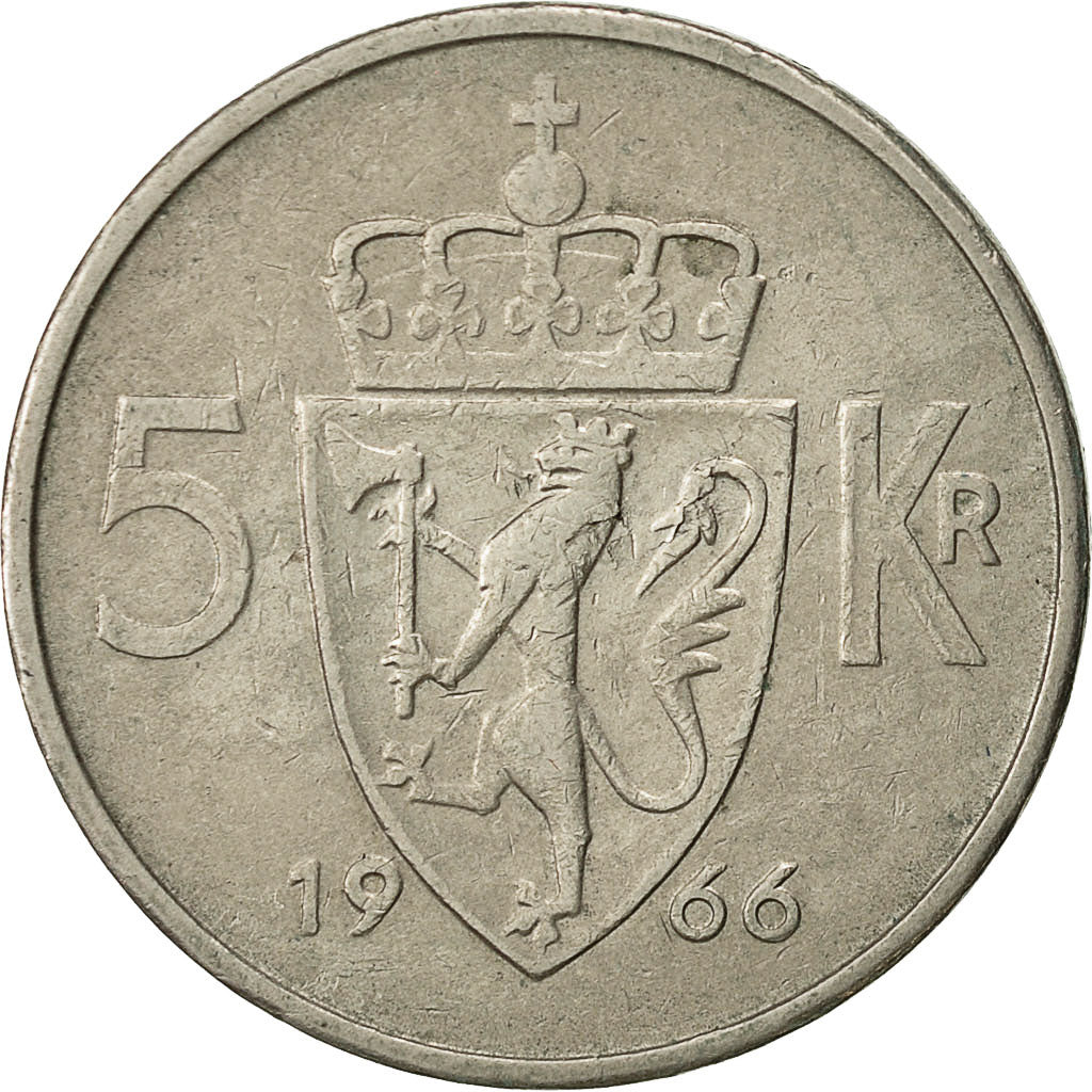 Norway, Olav V, 5 Kroner, 1966, EF(40-45), Copper-nickel, KM:412