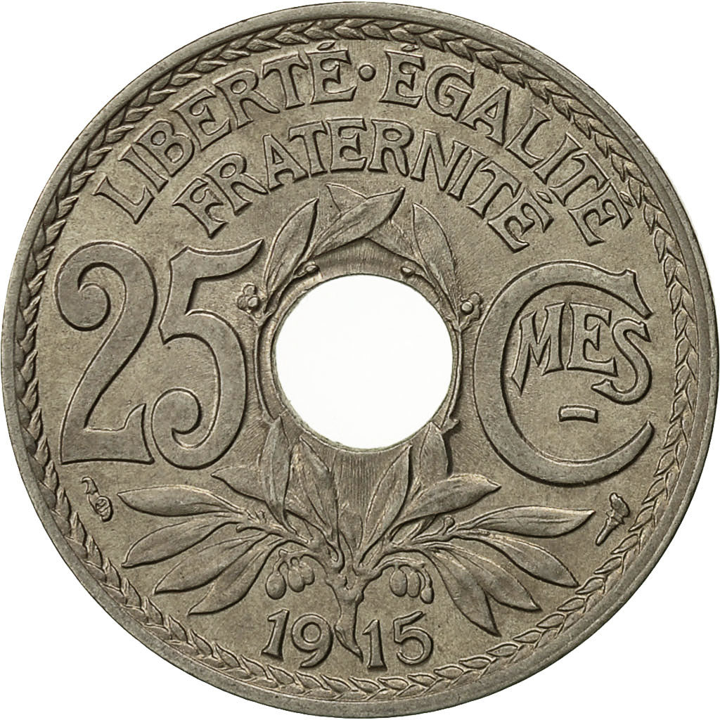 France, Lindauer, 25 Centimes, 1915, AU(50-53), Nickel, KM:867