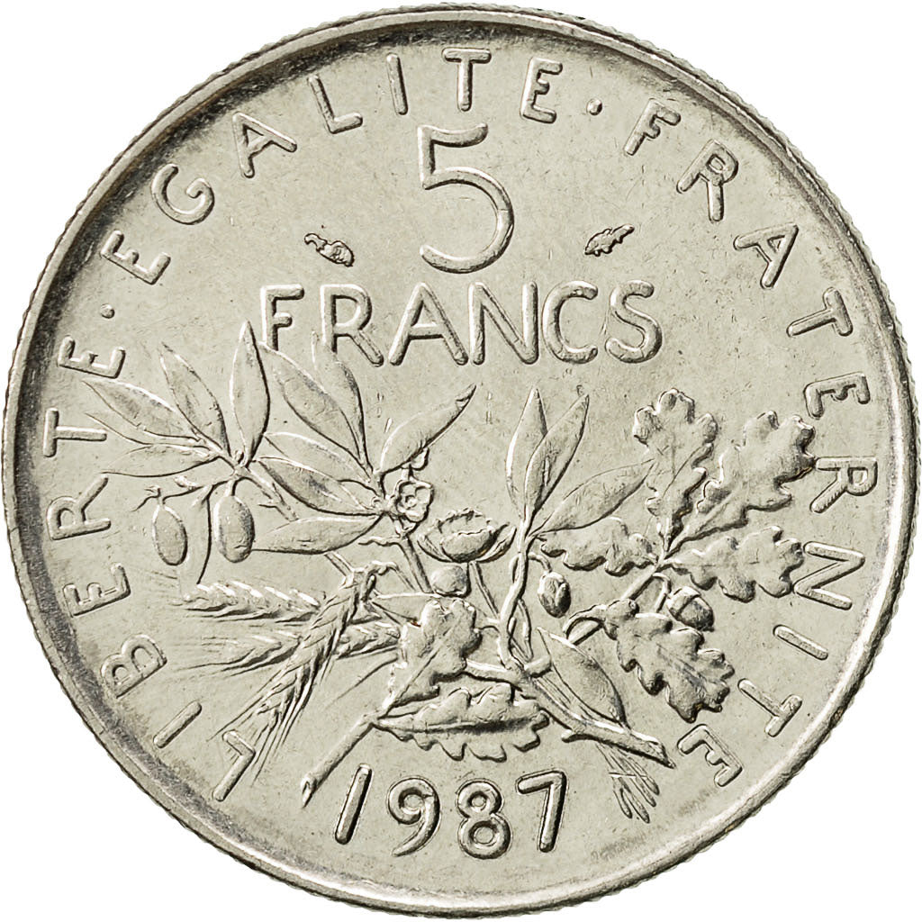 France, Semeuse, 5 Francs, 1987, Paris, AU(55-58), Nickel Clad Copper-Nickel