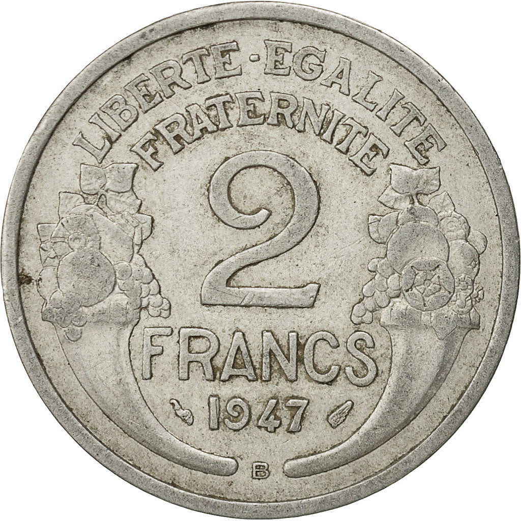 Francia, Morlon, 2 Francs, 1947, Beaumont - Le Roger, MB+, Alluminio, KM:886a.2