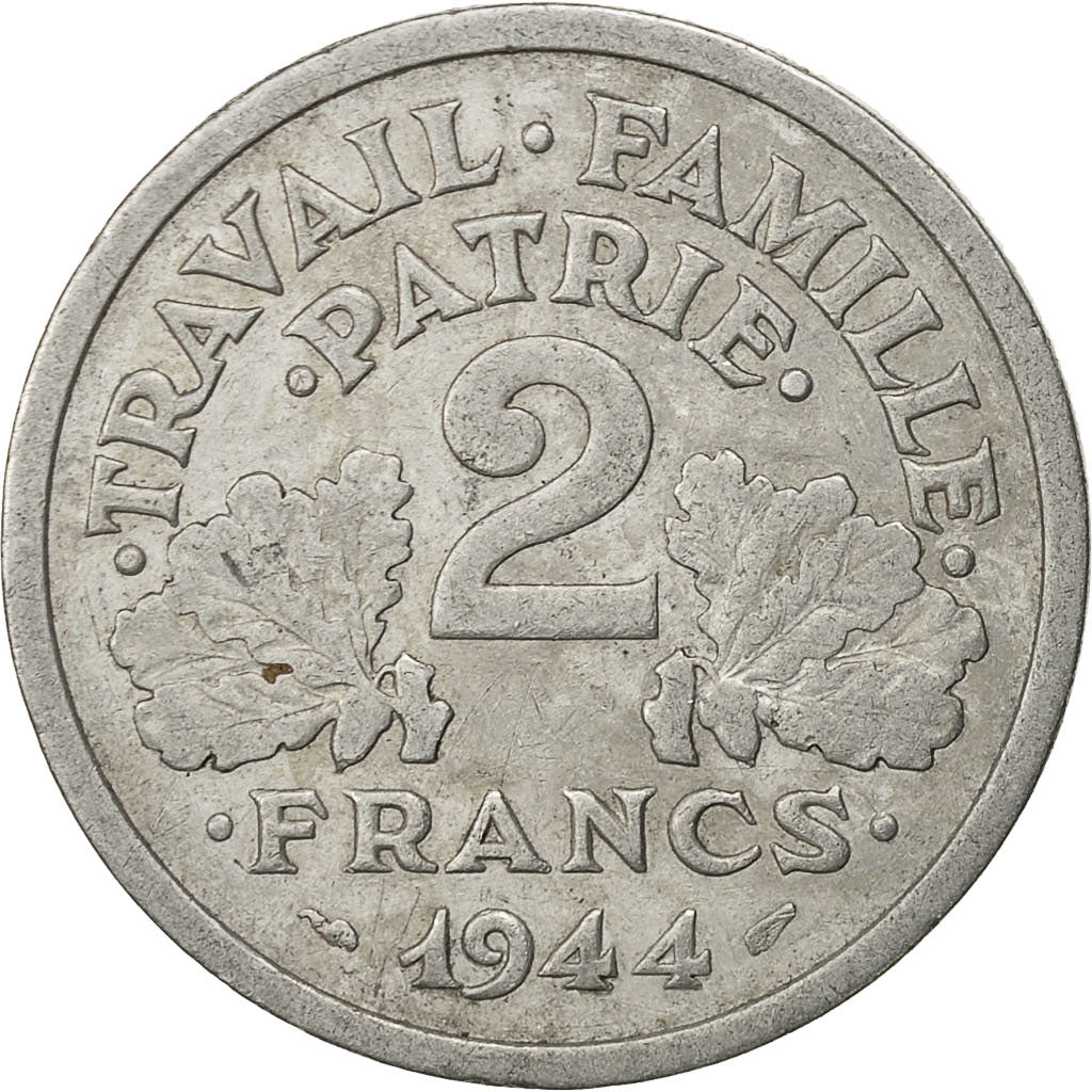 France, Bazor, 2 Francs, 1944, Beaumont - Le Roger, EF(40-45), Aluminum
