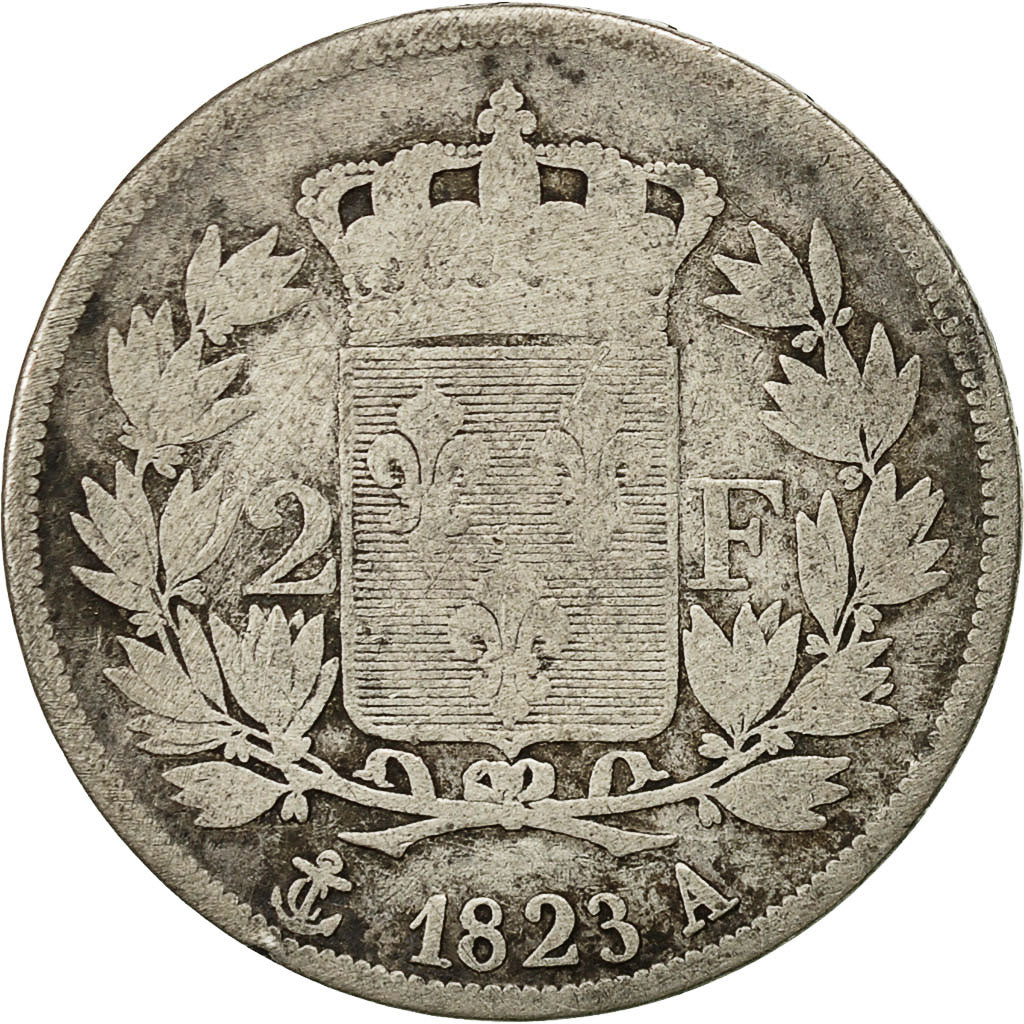 France, Louis XVIII, Louis XVIII, 2 Francs, 1823, Paris, VG(8-10), Silver