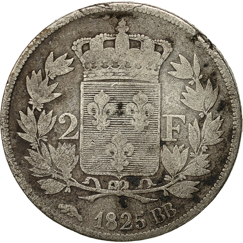 Francia, Charles X, 2 Francs, 1825, Strasbourg, B, Argento, KM:725.3
